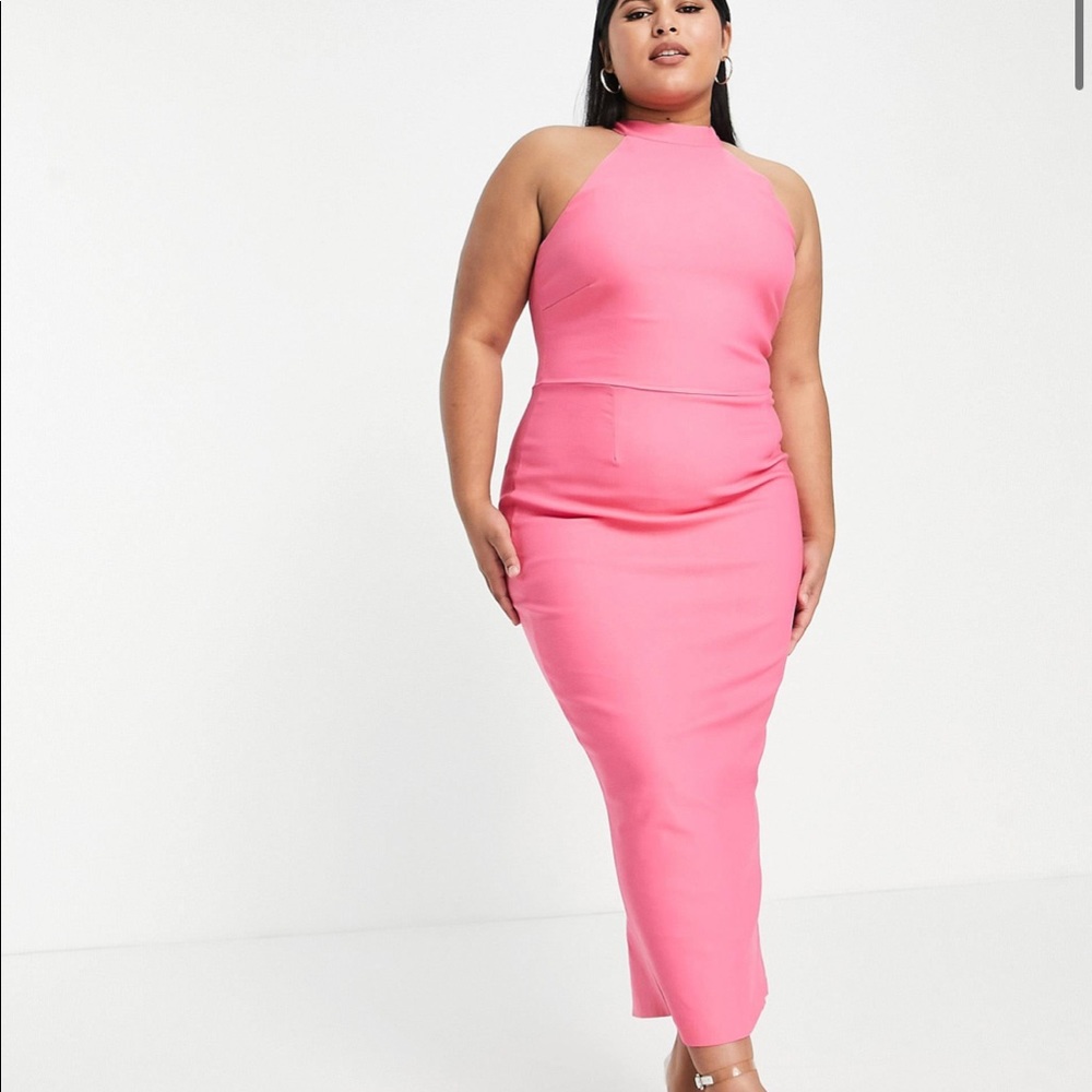 Vesper Plus high neck midi dress in bubblegum pink